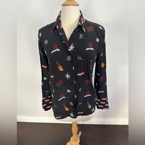 Sandro 'Mellie' 100% Silk Long Sleeve Button Up Women's Blouse With Tattoo Print - Picture 1 of 8
